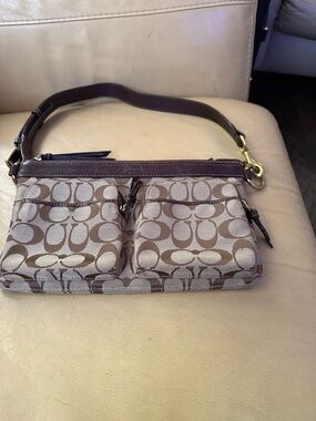 Coach Brown Signature Canvas Shoulder Pouch with Dark Brown Trim